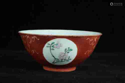 A CHINESE CORAL-RED-GROUND FAMILLE ROSE BOWL PAINTED WITH FLOWER PATTERN, JIAQING PERIOD