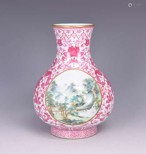 A PINK GROUND LANDSCAPE PORCELAIN VASE