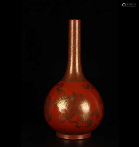 RED GLAZING GILT LIONS VASE