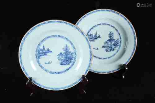 A PAIR OF CHINESE BLUE AND WHITE DISHES PAINTED WITH LANDSCAPE AND FIGURE, YONGZHENG PERIOD