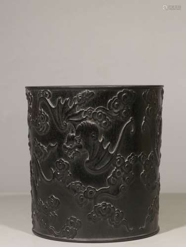 ZITAN WOOD CARVED 'BATS' BRUSH POT