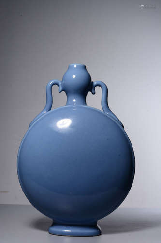 MONOCHROME BLUE GLAZED MOON FLASK WITH HANDLES