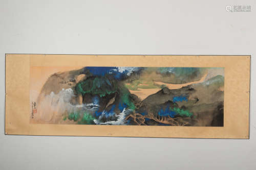 ZHANG DAQIAN: INK AND COLOR ON PAPER HORIZONTAL HANDSCROLL PAINTING 'LANDSCAPE SCENERY'