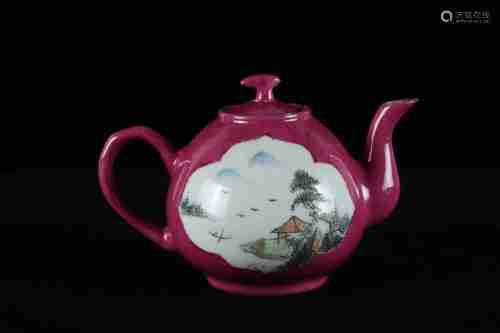 A CHINESE ROUGE-RED GLAZED FAMILLE ROSE TEAPOT, REPUBLIC PERIOD