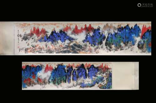 LIU HAISU: INK AND COLOR ON PAPER HORIZONTAL HANDSCROLL PAINTING 'LANDSCAPE SCENERY'