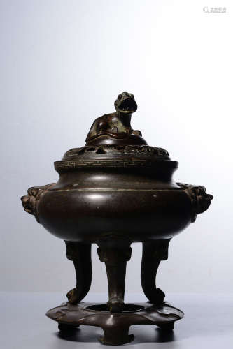 BRONZE CAST TRIPOD TALL FOOT CENSER WITH HANDLES, LID, AND STAND