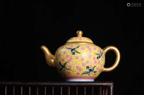 YELLOW GROUND BIRDS FLOWERS TEAPOT