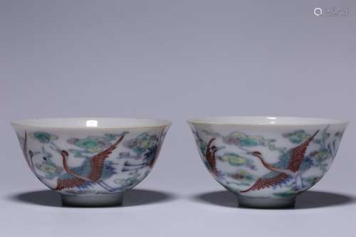 PAIR OF DOUCAI 'CRANES IN CLOUDS' CUPS