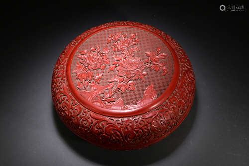 A FLOWER CARVED RED LACQUERED BOX