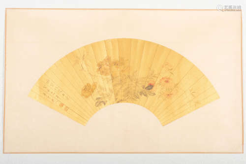 CHEN BANDING: INK AND COLOR ON FAN LEAF PAINTING 'FLOWERS'