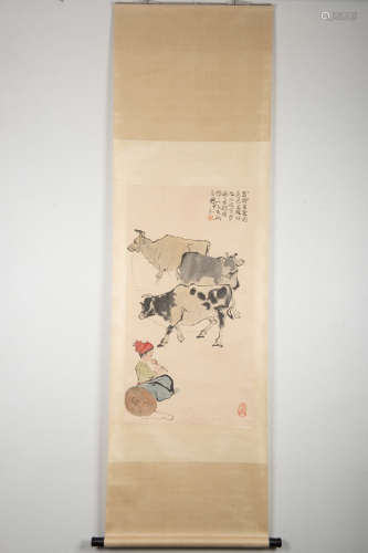 CHENG SHIFA: INK AND COLOR ON PAPER PAINTING 'COWS'