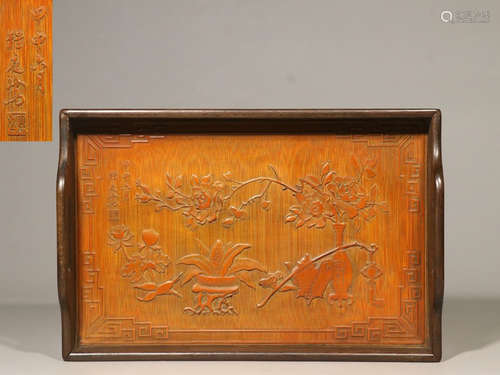 BAMBOO CARVED 'FLOWERS AND PLANTERS' RECTANGULAR TRAY