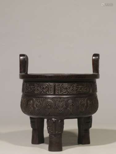 ZITAN WOOD CARVED TRIPOD CENSER WITH HANDLES