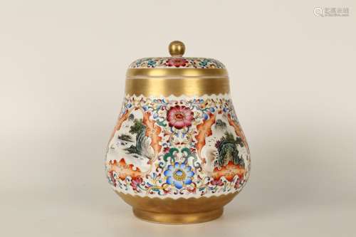 ENAMEL GILT FOLIAGE OPEN MEDALLION LANDSCAPE JAR