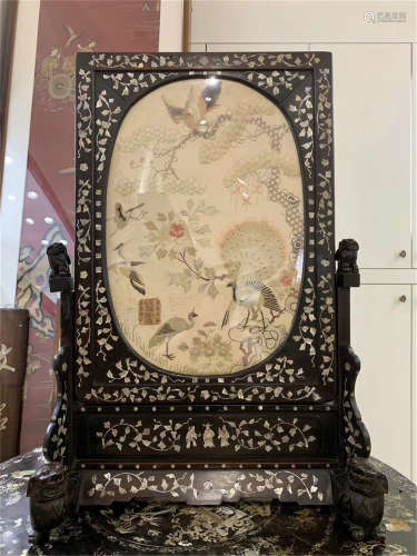 A Chinese Carved Hardwood and Embroideried Table Screen