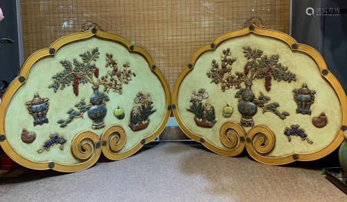 LACQUER GOLD GEM DECORATED SCREEN PAIR