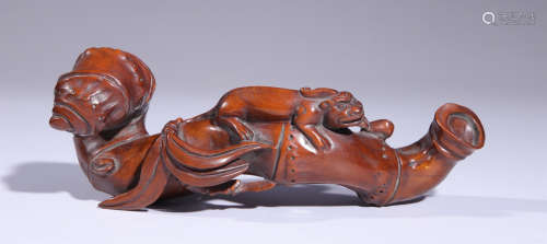 HUANGYANG WOOD BRUSH HOLDER CARVED WITH BEAST