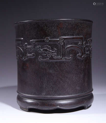ZITAN WOOD BRUSH POT CARVED WITH BEAST PATTERN