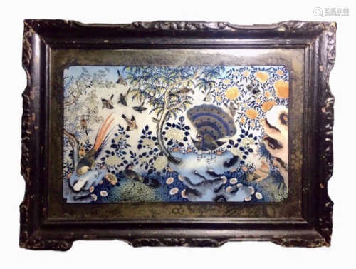 FLOWER WITH BIRD PATTERN GLASS PAINTING