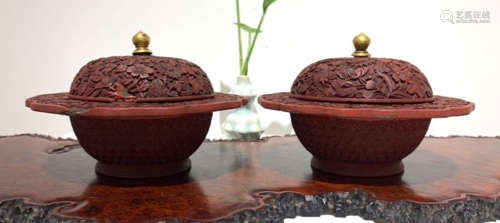 JIAQING MARK RED LACQUER SLAG BUCKET PAIR