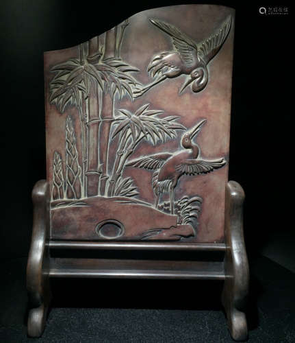SONGHUA STONE SCREEN CARVED WITH BAMBOO&CRANE