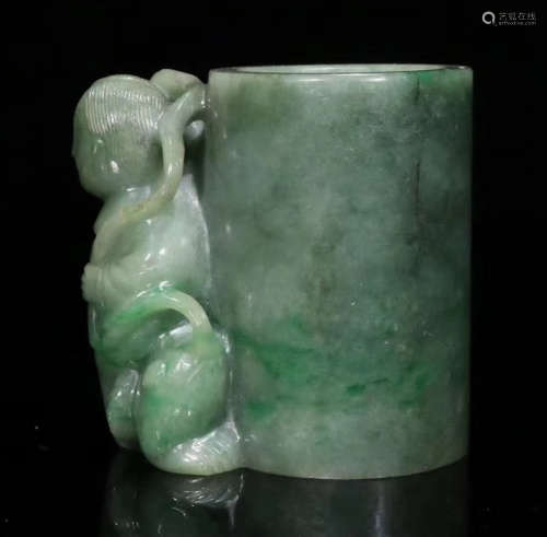 JADEITE CARVED FIGURE PATTERN BRUSH POT