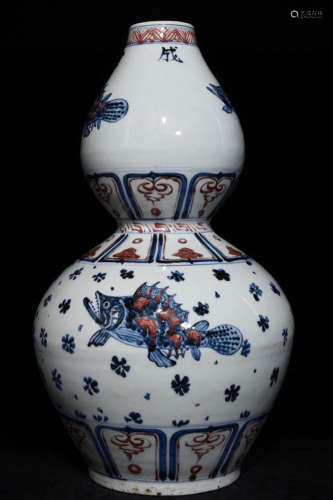 BLUE&WHITE GLAZE GOURD VASE PAINTED WITH FISH