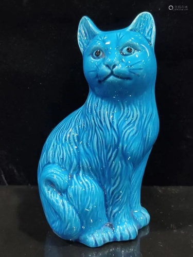 A Turqoise Blue Glazed Figure of a Cat, Late Qing