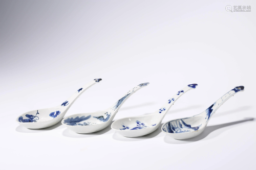 A Group of Four Blue and White Spoons, Guangxu Period,