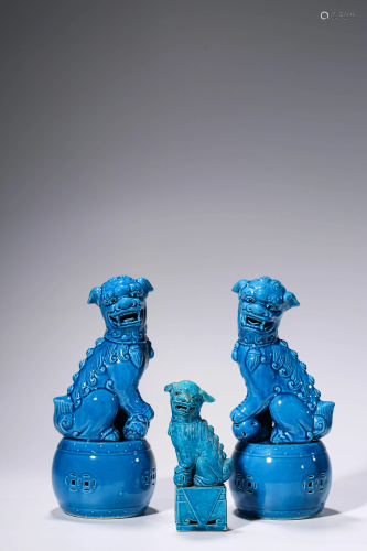A Group of Three Turqoise Glazed Lions, Late Qing