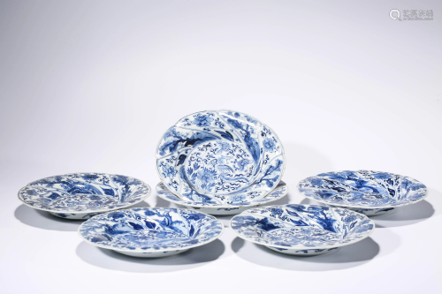 A Set of Six Blue and White Phenix Lobed Dishes, Kangxi