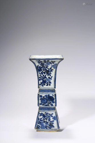 A Rare Square Blue and White Gu Vase, Ming Dynasty or