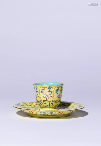 A Yellow Ground Famille Rose Floral Cup And Stand,,A Yellow ...