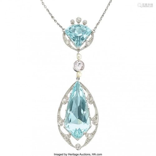 11036: Art Deco Aquamarine, Morganite, Diamond, Platinu