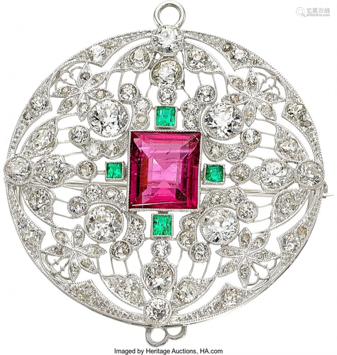 11034: Edwardian Diamond, Tourmaline, Emerald, Platinum