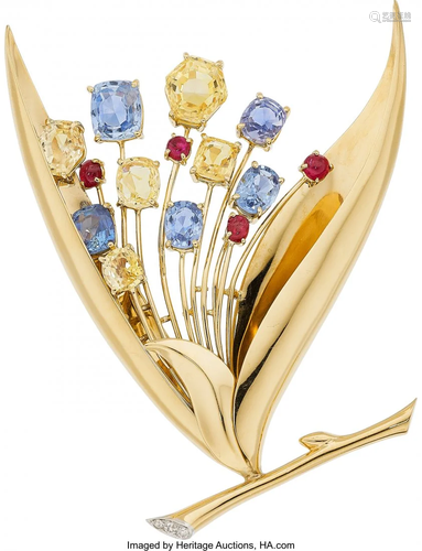 11039: Retro Ruby, Sapphire, Platinum, Gold Brooch The