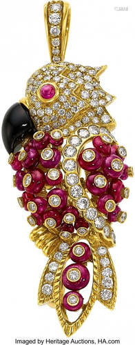 11120: Diamond, Ruby, Onyx, Gold Pendant-Brooch, Giovan