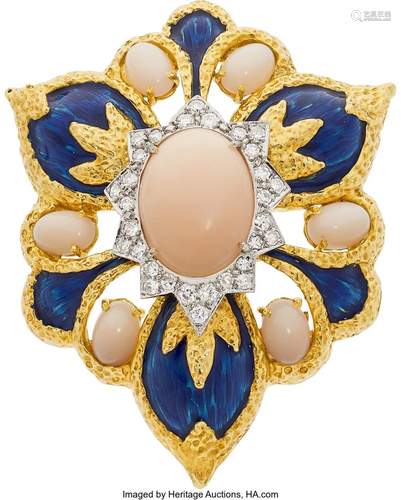 11064: Coral, Diamond, Enamel, Gold Pendant-Brooch The