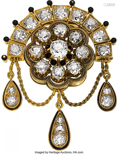 11033: Victorian Diamond, Enamel, Gold Pendant-Brooch