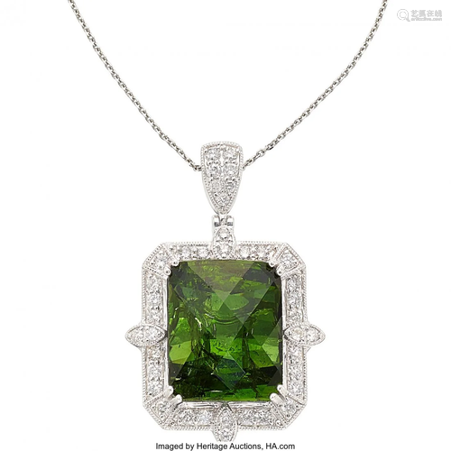 11128: Tourmaline, Diamond, White Gold Pendant-Necklace