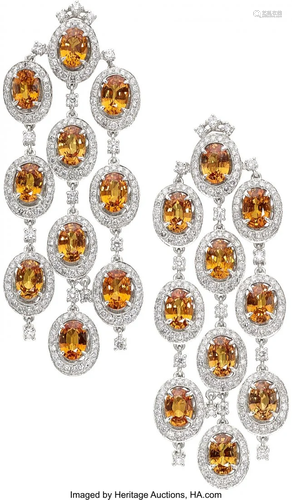 11075: Orange Sapphire, Diamond, White Gold Earrings T