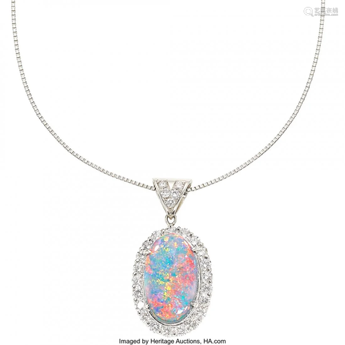 11076: Black Opal, Diamond, Platinum Pendant-Necklace