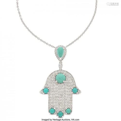 11081: Turquoise, Diamond, White Gold Pendant-Necklace,