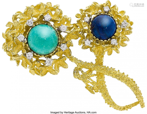 11117: Diamond, Turquoise, Lapis Lazuli, Gold Brooch, L