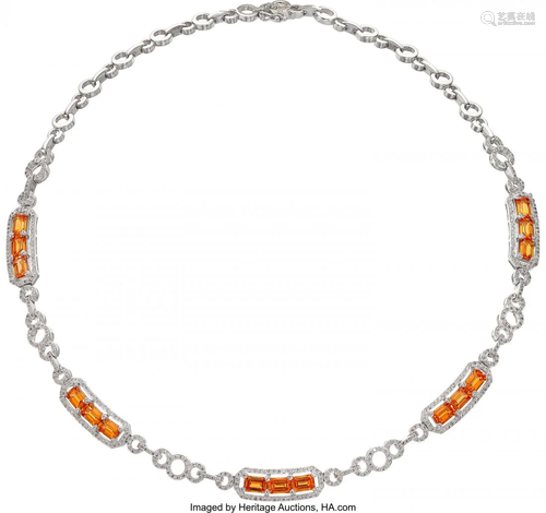 11074: Orange Sapphire, Diamond, White Gold Necklace T