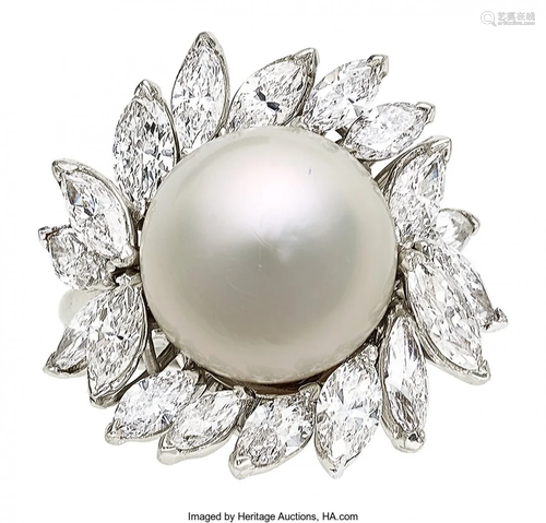 11072: Diamond, South Sea Cultured Pearl, Platinum Ring