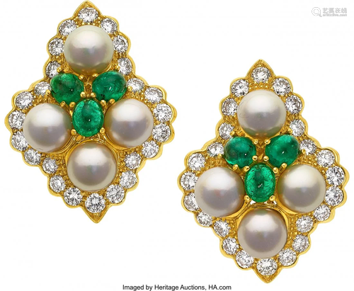 11070: Diamond, Emerald, Cultured Pearl, Gold Earrings,