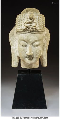 27040: A Chinese Carved Stone Guanyin Head on Plinth 12