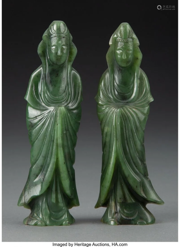 27038: A Pair of Spinach Jade Carvings 5-3/8 x 2 x 1-1/