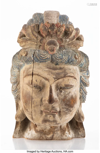 27039: A Carved and Painted Wood Guanyin Head 11-1/2 x